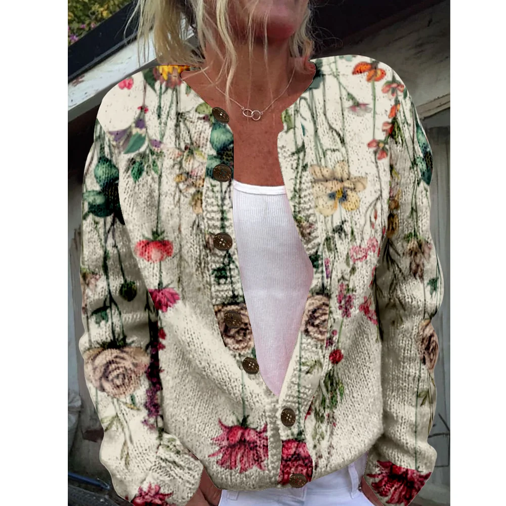 

Осень-зима вязаный кардиган с цветочным принтом винтажная мода повседневный свитер уличная одежда женские свитера вязаный топ уютные джемперы модные