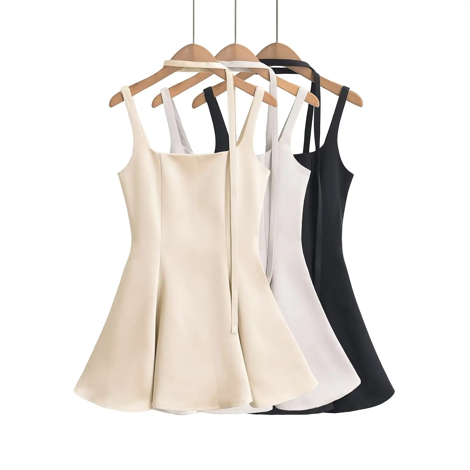 3 colors 2024 Summer Slash Collar Sling Mini Satin Dresses with Scarf Sexy Women Slim Waist A-Lined Swing Party Robe Vestidos