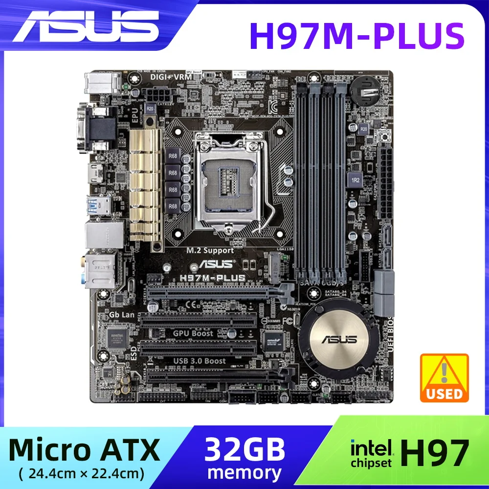 

Б/у материнская плата, ASUS H97M-PLUS, материнская плата LGA 1150, для Core i5 4570, поддерживает 4x dims макс. 32 ГБ DDR3, материнская плата Micro ATX