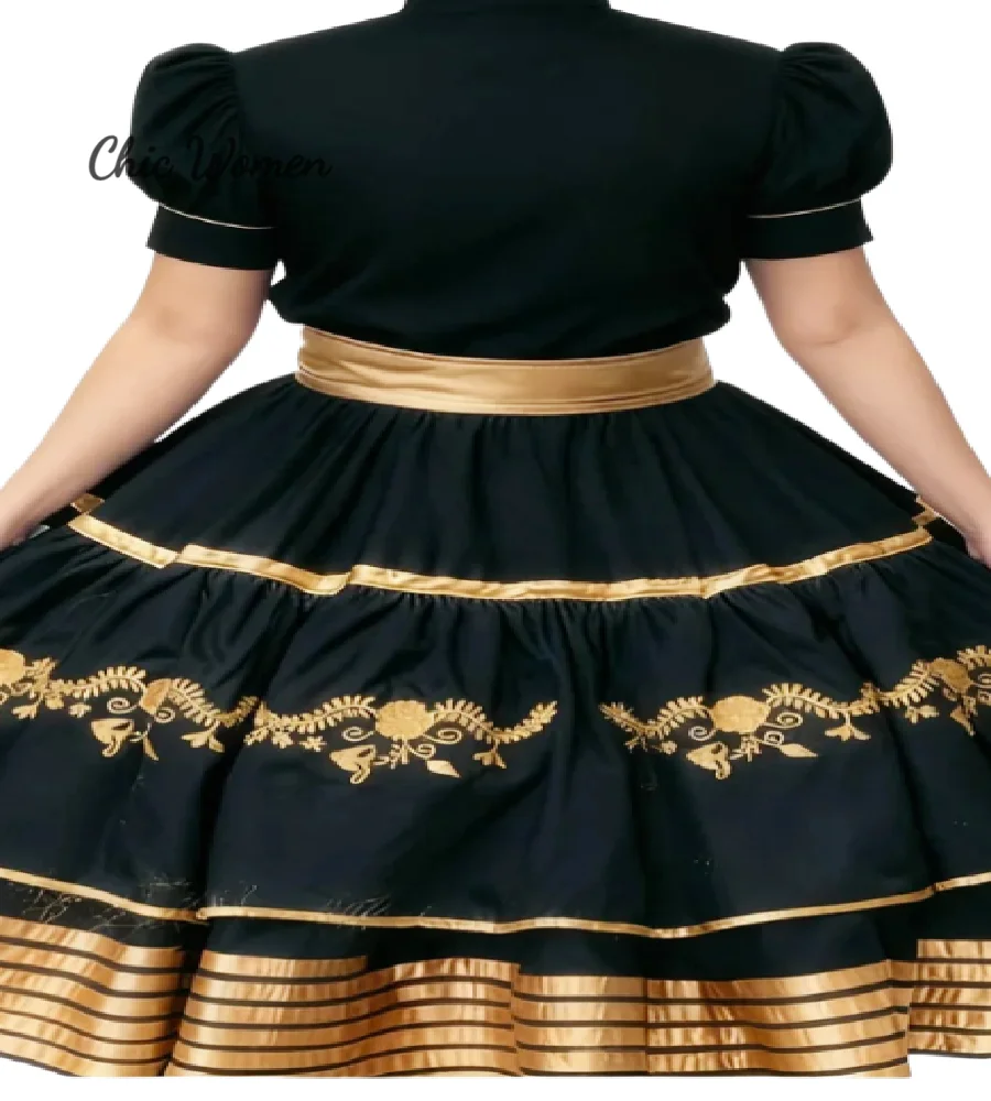 Abiti Quinceanera neri folclórici messicani Ricami Abiti da 15 Xv Años Collo alto Manica corta Escaramuza Charro Abbigliamento