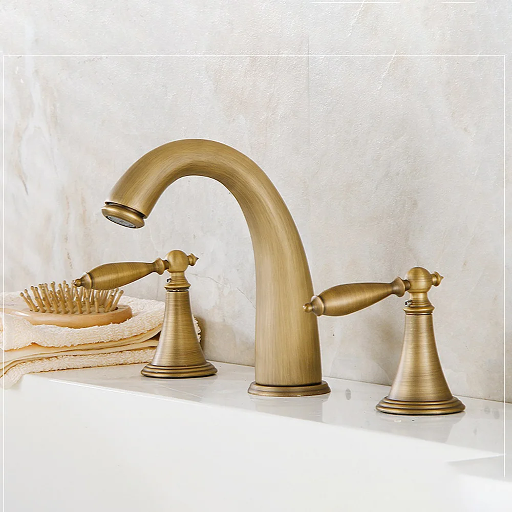 

Antique Brass Widespread Deck-Mounted Tub 3 Holes Dual Levers Handles Kitchen Bathroom Tub Sink Basin Faucet Mixer Tap mnf434