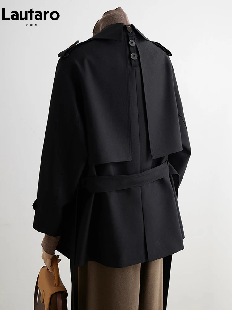 Lautaro Spring Autumn Khaki Trench Coat for Women Belt Double Breasted Elegant High Quality Luxury Elegant British Style Fashion
