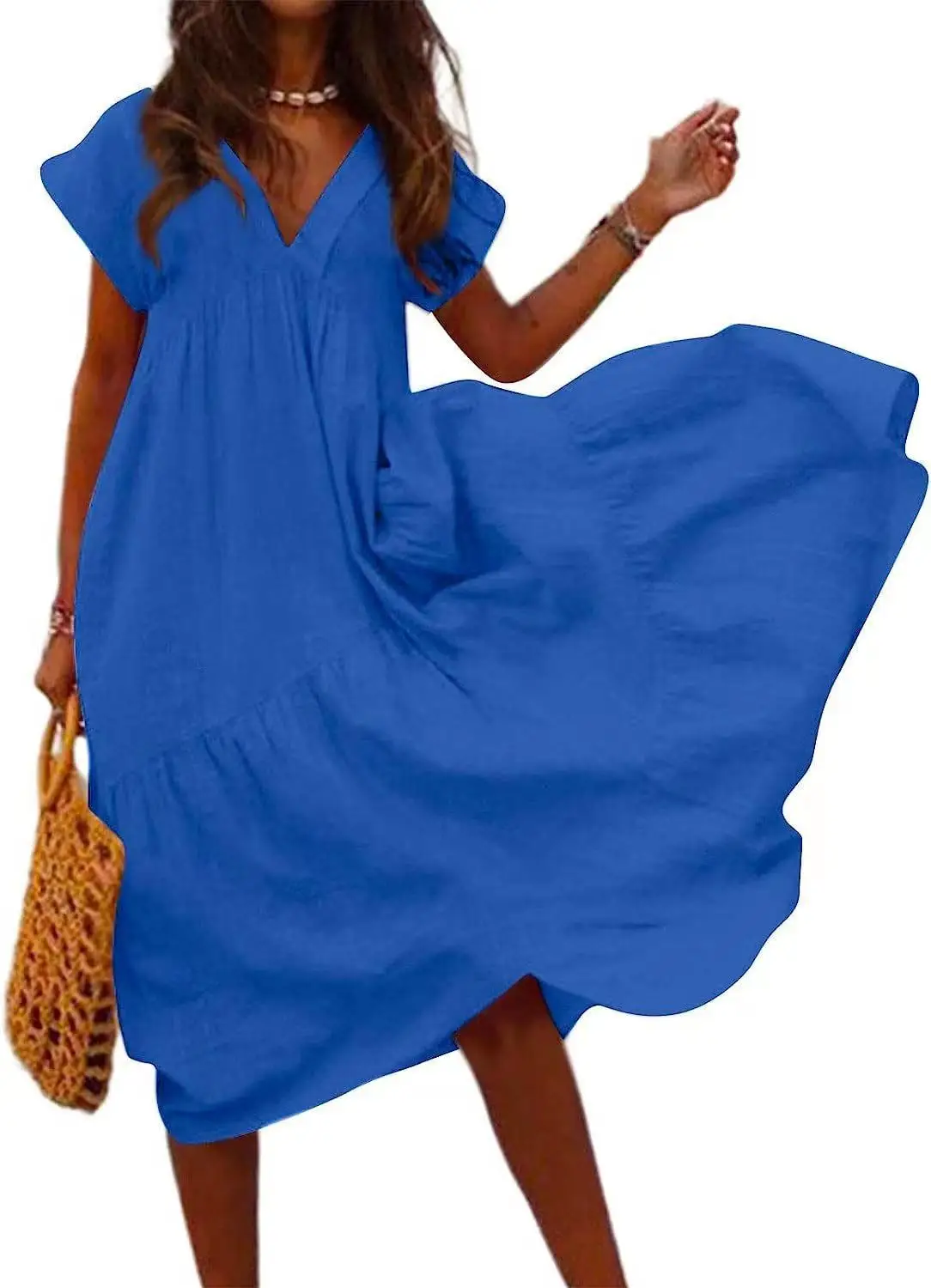 V-Neck Short Sleeved Loose Dress Women\'s Solid Color Vacation Dresses Summer Casual A-Line Robe Vestidos