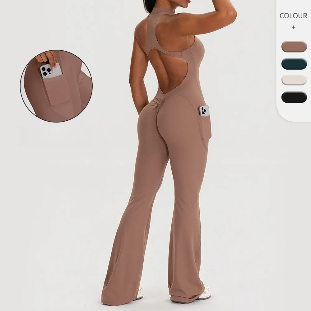 Women Sleeveless Flared Yoga Jumpsuit Backless Cutout Butt Lift Slim Fit Bodysuit With Pockets