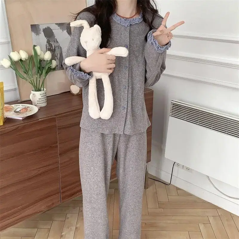 

Модная домашняя одежда, простой кардиган, новая корейская клетчатая кружевная серая пижама для женщин на весну и осень, свободный домашний костюм, комплекты брюк