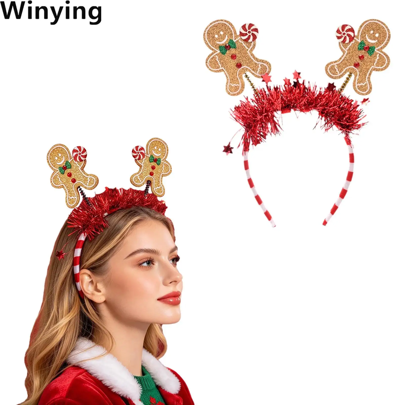 Christmas Headwear Spring-loaded Gingerbread Man Tinsel Star Decor Headband Striped Hair Hoop for Party Decoration