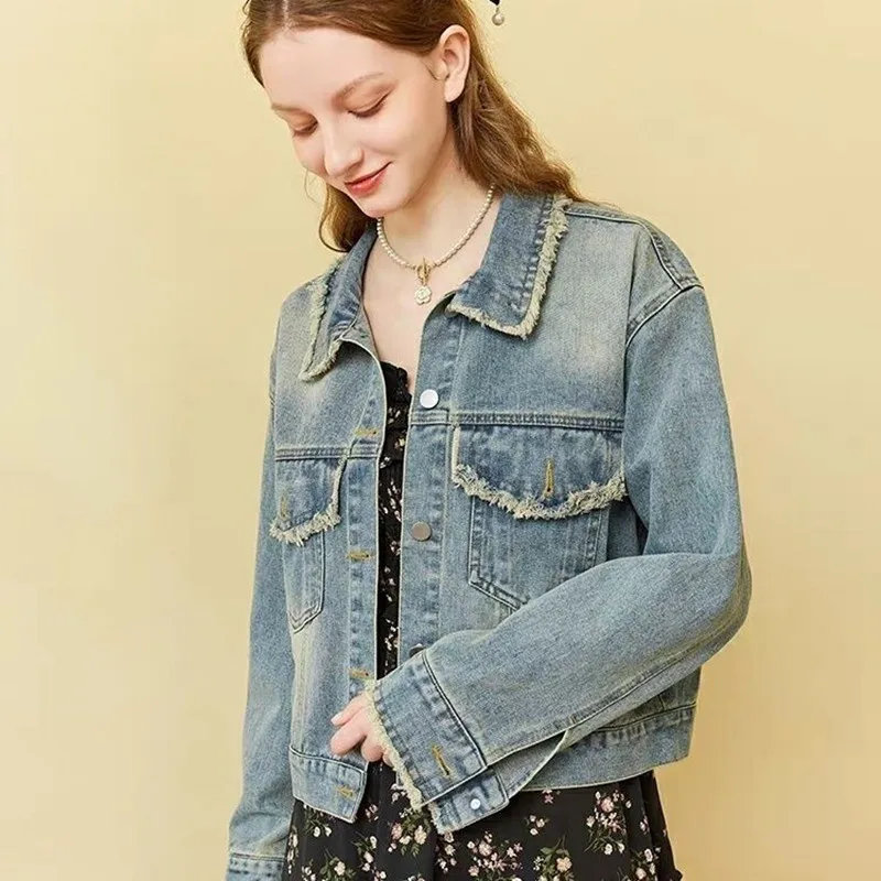 

Women's Jeans Jacket 2026 Spring Autumn Tassel Streetwear Casual Long Sleeve Denim Jacket High Street Korean Fringe Loose Coat