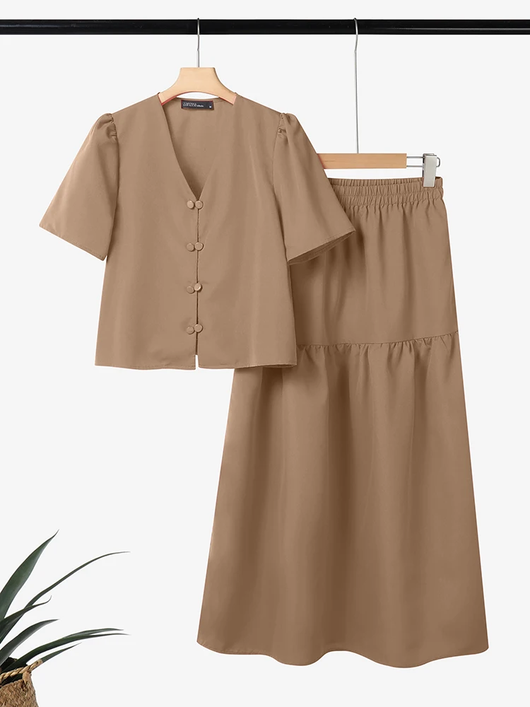 ZANZEA Pakaian Wanita Bergaya Musim Panas Set 2 Potong Blus Lengan Pendek Kerah V Gaun Setelan Elegan Polos OL Pakaian Kerja Tracksuit Ukuran Besar