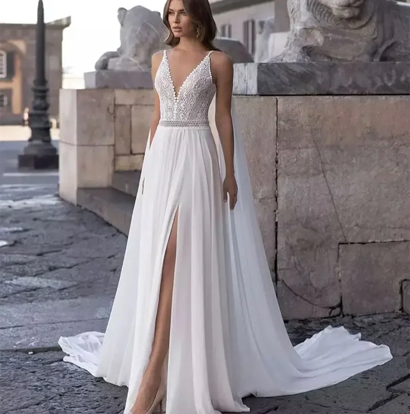 

Flavinke Bohemian V-Neck Wedding Dresses 2025 Sleeveless Side Slit Spaghetti Straps Lace Floor Length Bride vestidos de novia