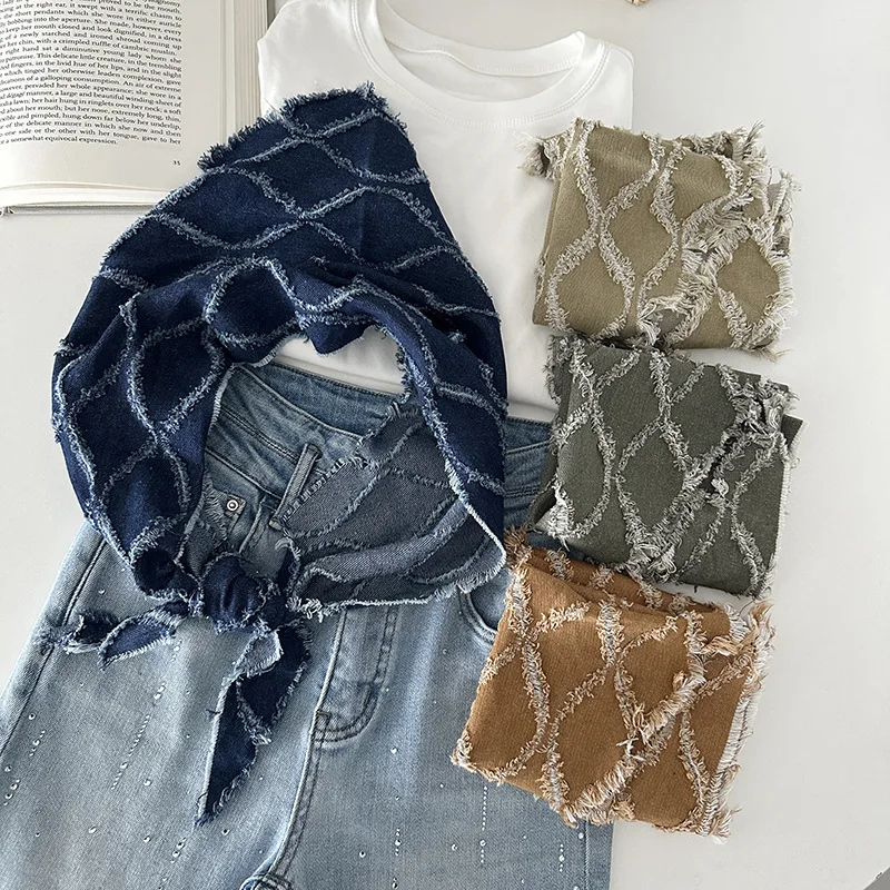 

Женский треугольный шарф в ковбойском стиле с ромбовидным узором, винтажный богемный хлопковый платок с бахромой, для многослойного ношения.