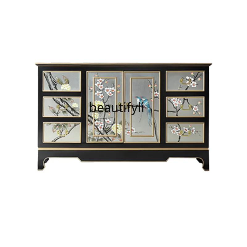 

Entrance Hand-Painted Storage Chest of Drawers Solid Wood Painted Decoration Paillette Household Partition Side Cabinet