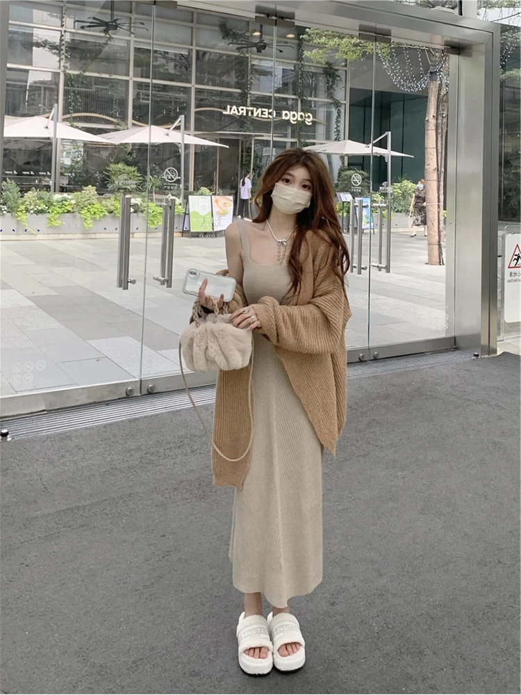 

Комплект для похудения: свободный женский осенне-зимний модный комплект с юбкой А-силуэта с высокой талией, кардиганом и верхней одеждой с длинными рукавами и круглым вырезом