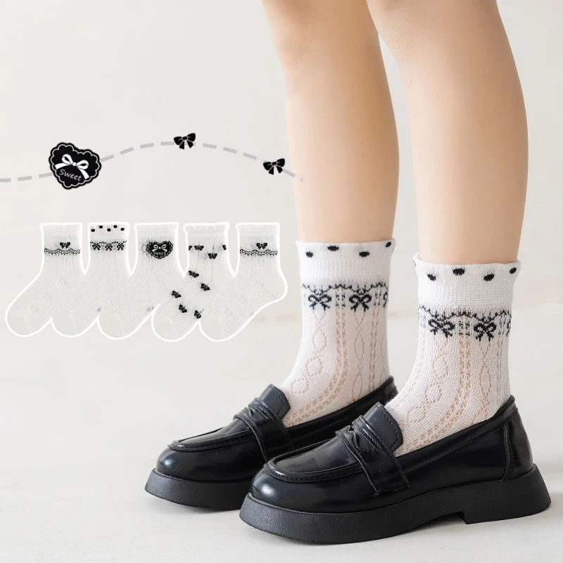 

5 пар сетчатых носков для девочек с белым бантом, летние тонкие дышащие носки средней длины для детей 1-5 лет, хлопковая обувь для детей