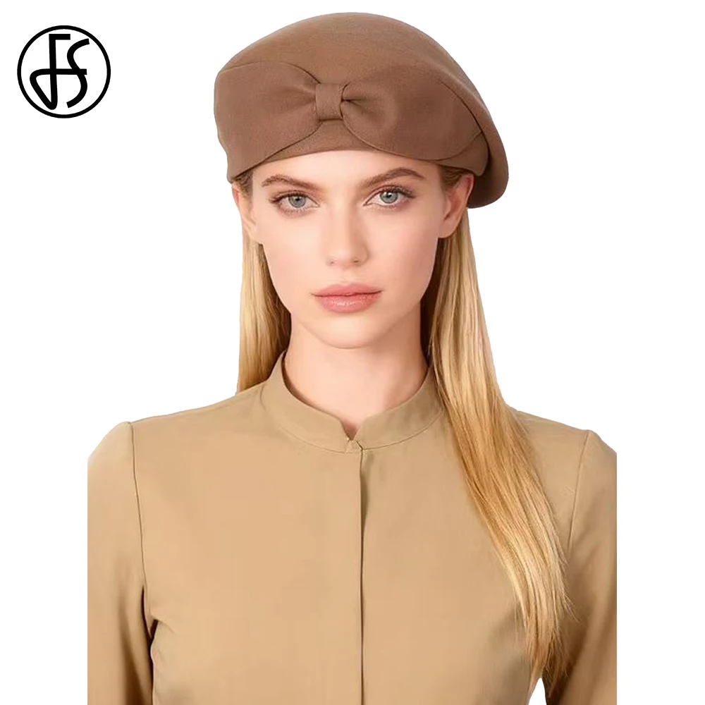 FS Red Camel 100% Winter Wool French Beret Cap Elegant Church Hat For Women Wedding Fascinators Hats With Bow Chapeau Femme 2026