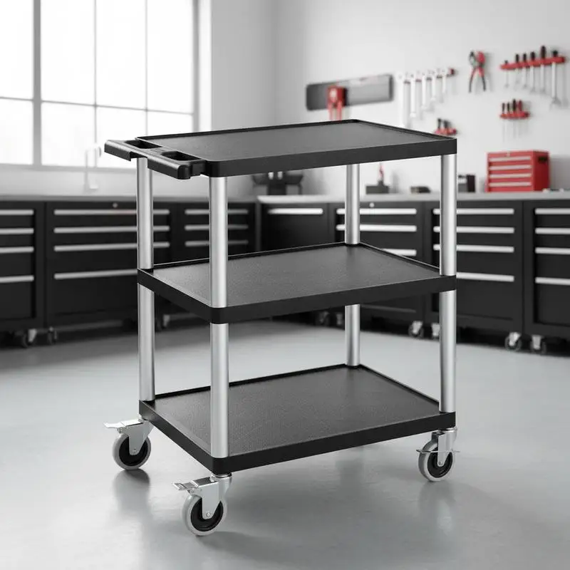 

Tool trolley, 136 kg load capacity, workshop trolley, multi-purpose trolley made of plastic with three shelves & 360° swivel casters (2 with brakes), suitable for warehouse, garage, cleaning, 695x460x825 mm