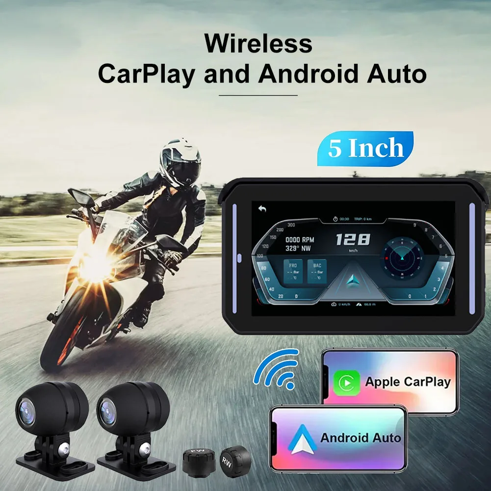 

Wireless CarPlay Android Auto Touchscreen for Motorcycle GPS Navigation 5" Touchscreen Front Rear Lens 1080P Driving Recorder