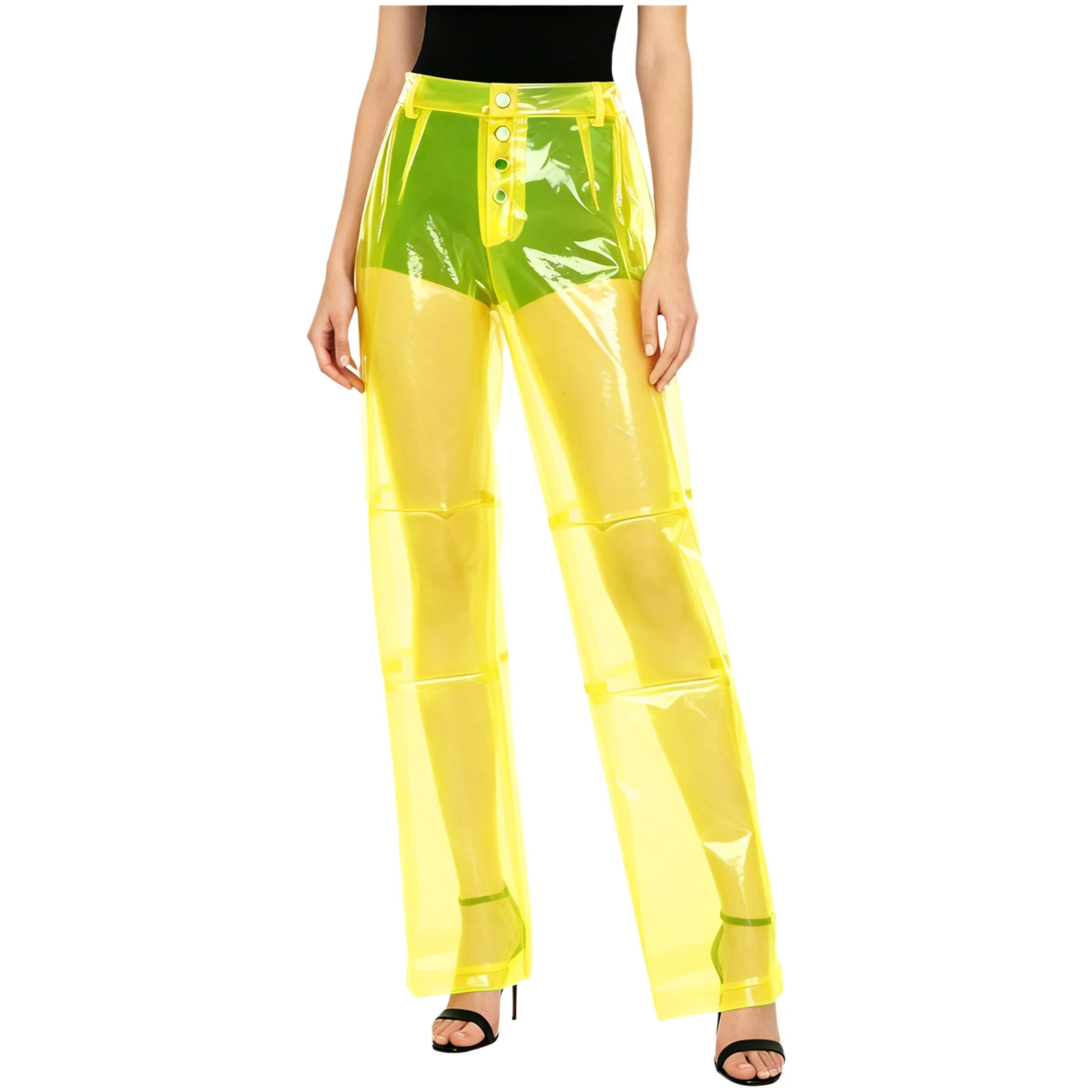 

Womens Prom Pole Dancing Pants Pvc Button Waist Back Pockets Wide Leg Straight See Through Cover Up Bottoms Trousers Dancewear