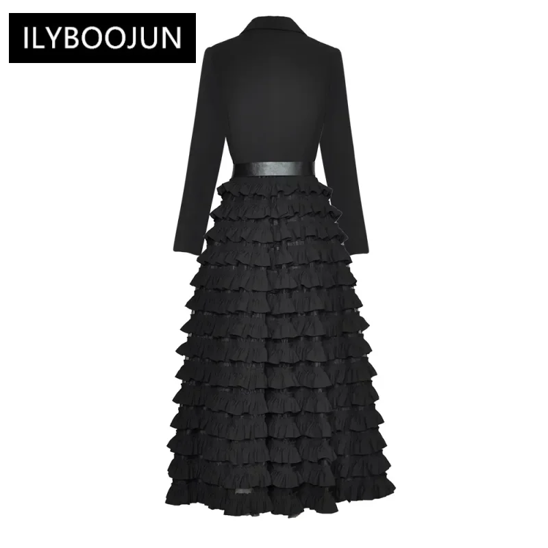 Autumn Winter Dress Women Long Sleeve Double Breasted Beading Belt Ruffle Elegant Party Dresses For Women 2023 Luxury Brand High