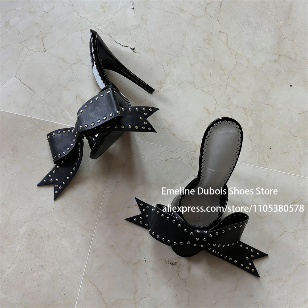 

Matte Leather High Heels Slippers Studded Bowknot Round Toe Slip on Stilettos Pumps Sexy Party Shoes for Women Custom Color