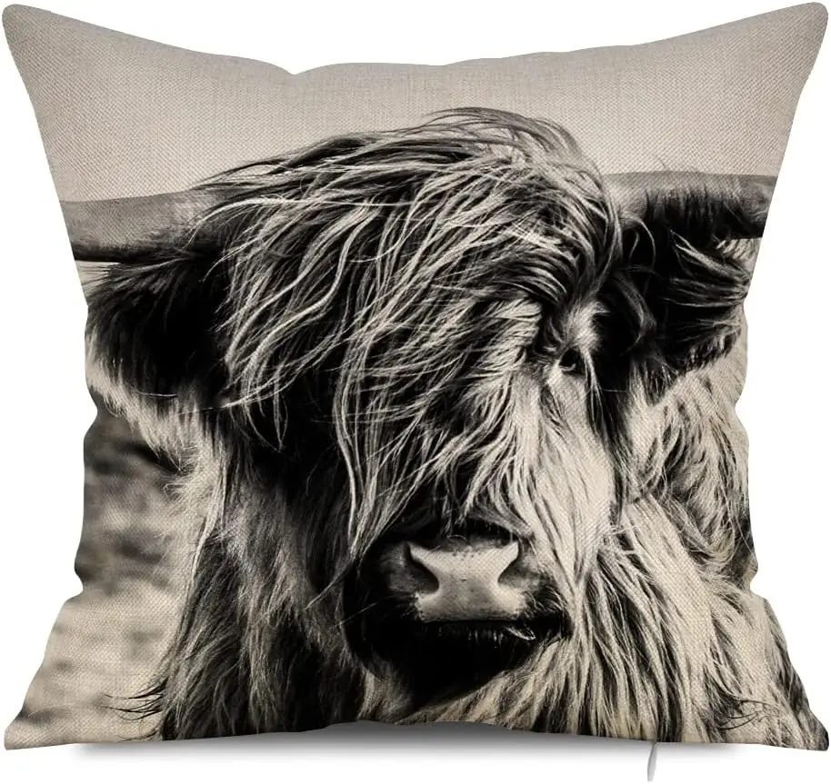 Highland Cow Throw Pillowcase, Decorative Cow Print Linen Pillowcase Sofa Cushion Living Room Car Bedroom Cushion Cover