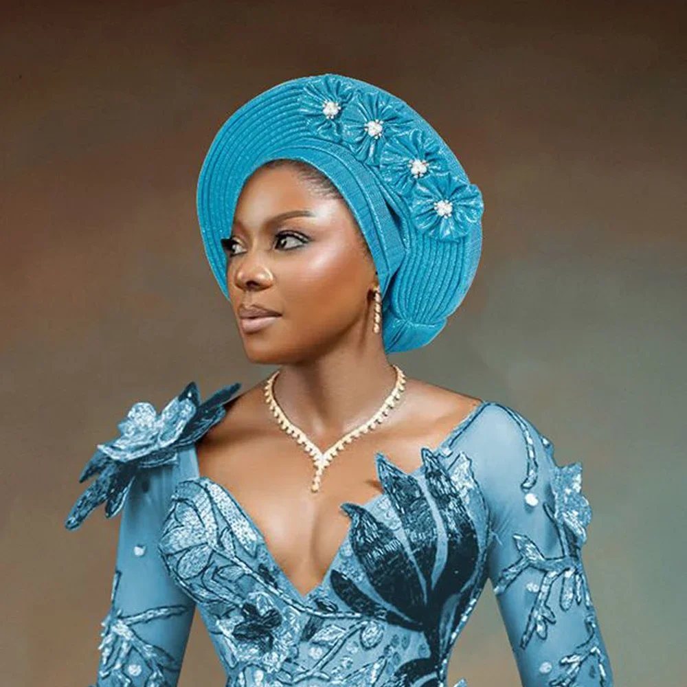 

African Women Auto Gele Headtie Nigeria Weeding Geles Party Headpiece Nigeria Head Wraps Female Turban Cap Hijab Bonnet Flower