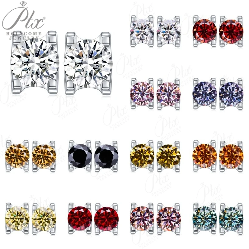 Moissanite Earrings 12 Colors 925 Silver 0.5CT Round Cowhead UniSex Birth Stones Bridal Jewelry Classic Daily Wear Jewel Gift