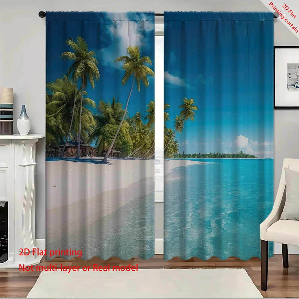 Sea view coconut tree printed curtains, dormitory office bedroom living room sunshade window decoration Bohemian home decoration