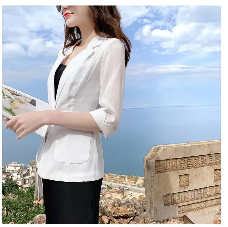 Summer Thin Cotton Linen Casual Blouse Women's Short Length Button up Pure Color Commute Style Seven Sleeve Long Coat