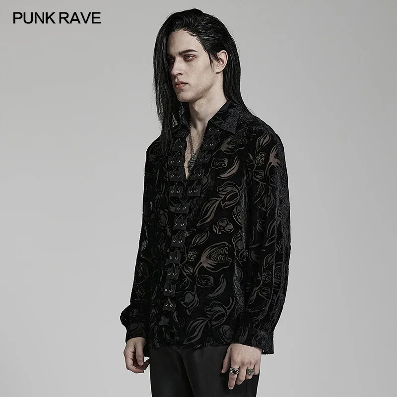 PUNK RAVE Men\'s Gothic Piranha Pattern Lantern Sleeve Velvet Shirt Gorgeous Party Loose Tops Spring/Autumn Shirts for Men