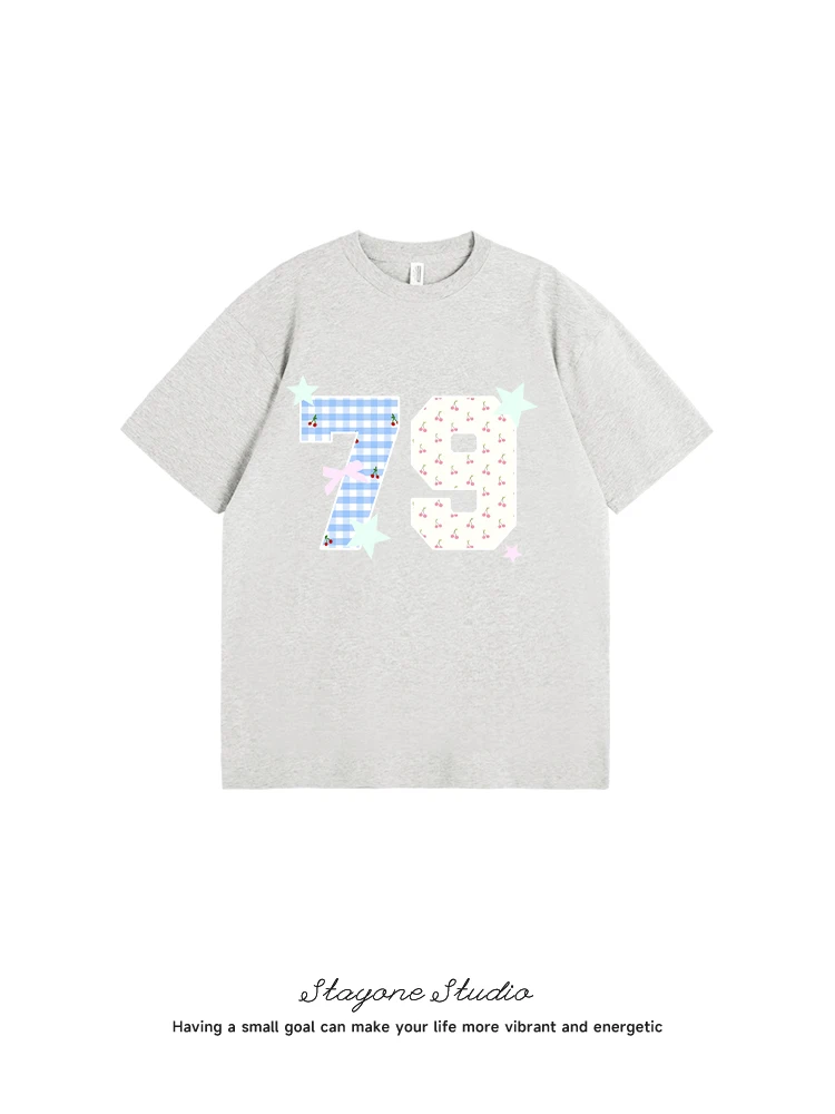 Korean Sle Digital Polka Dot Star Print ort Sve T-irt Women's Summer New College Sle Korean Version Cotton Tee