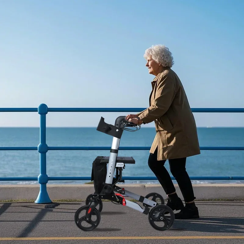 Heavy Duty Rollator Walker for Seniors with Seat,Foldable Rolling Walker for All Terrain Wheels,Adjustable Walking Shopping Cart