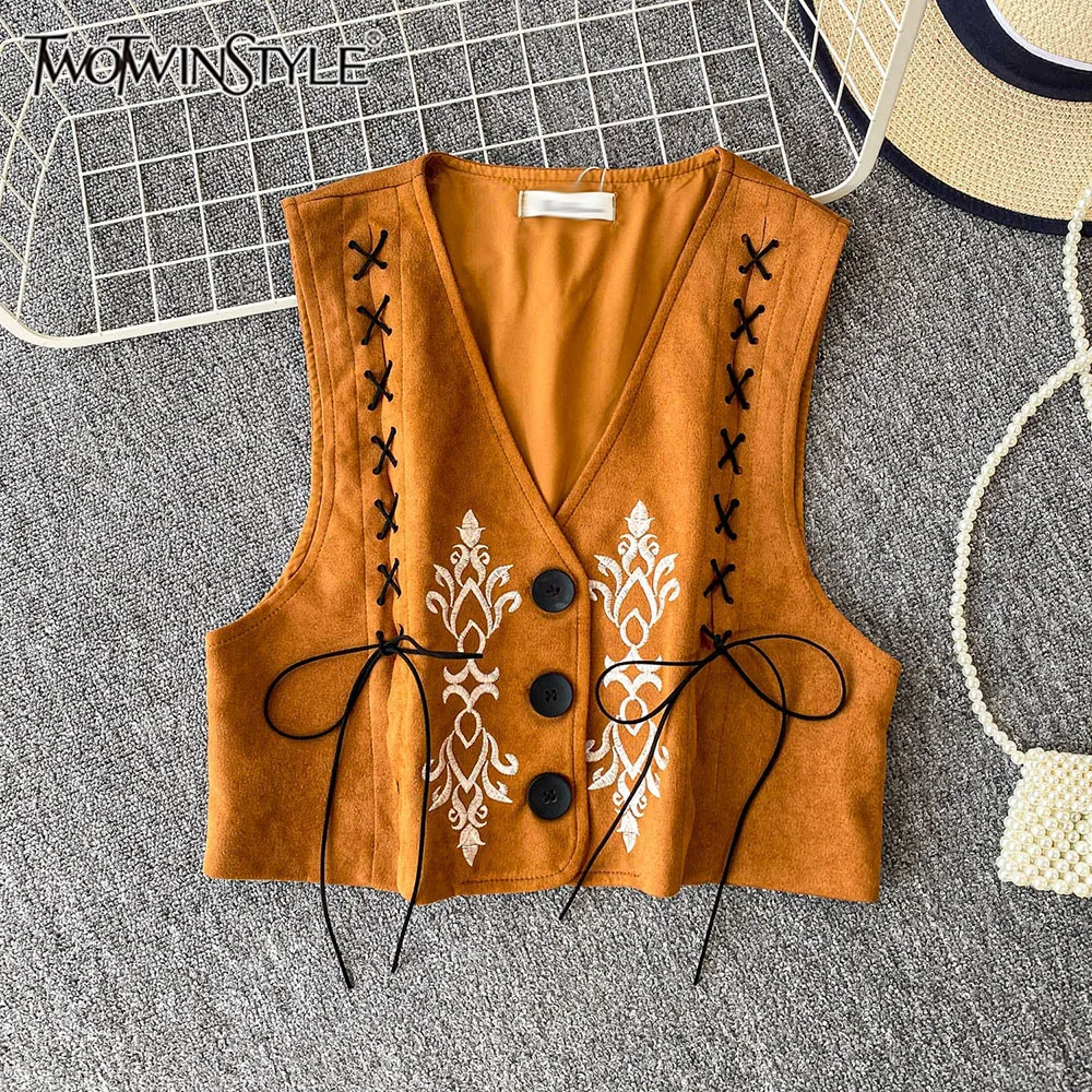 

TWOTWINSTYLE Solid Printing Spliced Lace Up Jackets For Women V Neck Sleeveless Patchwork Button Chic Jacket Female KJA541972
