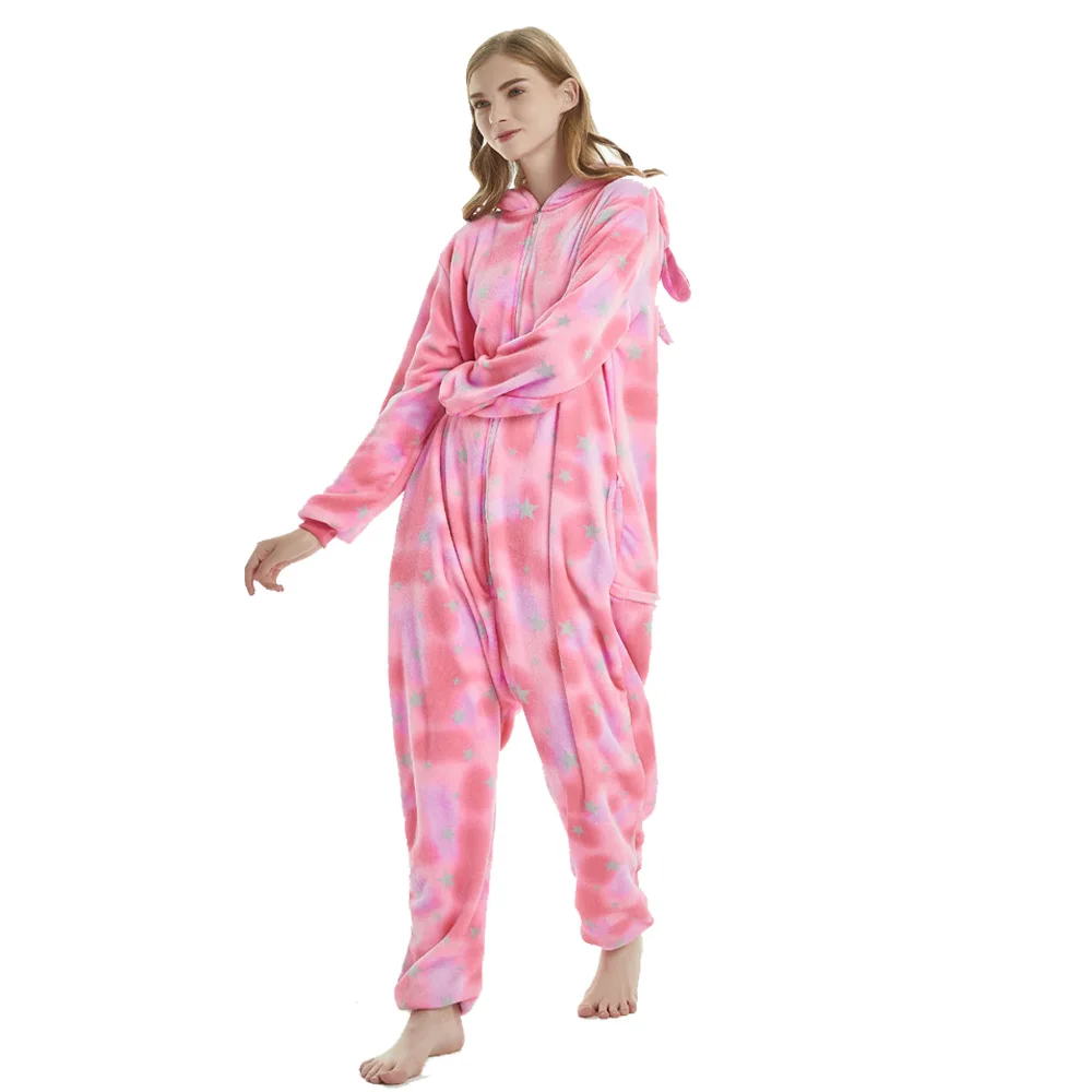 Pink Sleep Jumpsuit Woman Onesie Adults Pyjama Animal Plush Winter Warm Hooded Kigurumi Unicorn Pajamas Star Print Christmas Pjs