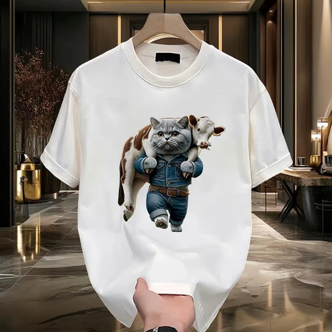 Толстовка с рисунком котенка, устойчивая к коровью. Летняя мода. Высококачественная универсальная мужская и женская футболка из чистого хлопка Y2K.