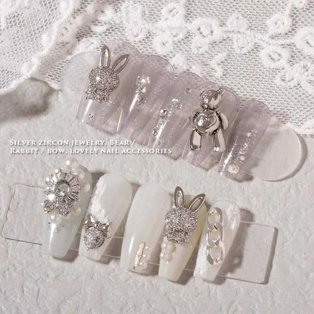 Glitter Silver Bow Small Bear Lock Love Bunny 3D Nail Decoration Nail Art Diamond Pendant DIY Nail Art Jewelry