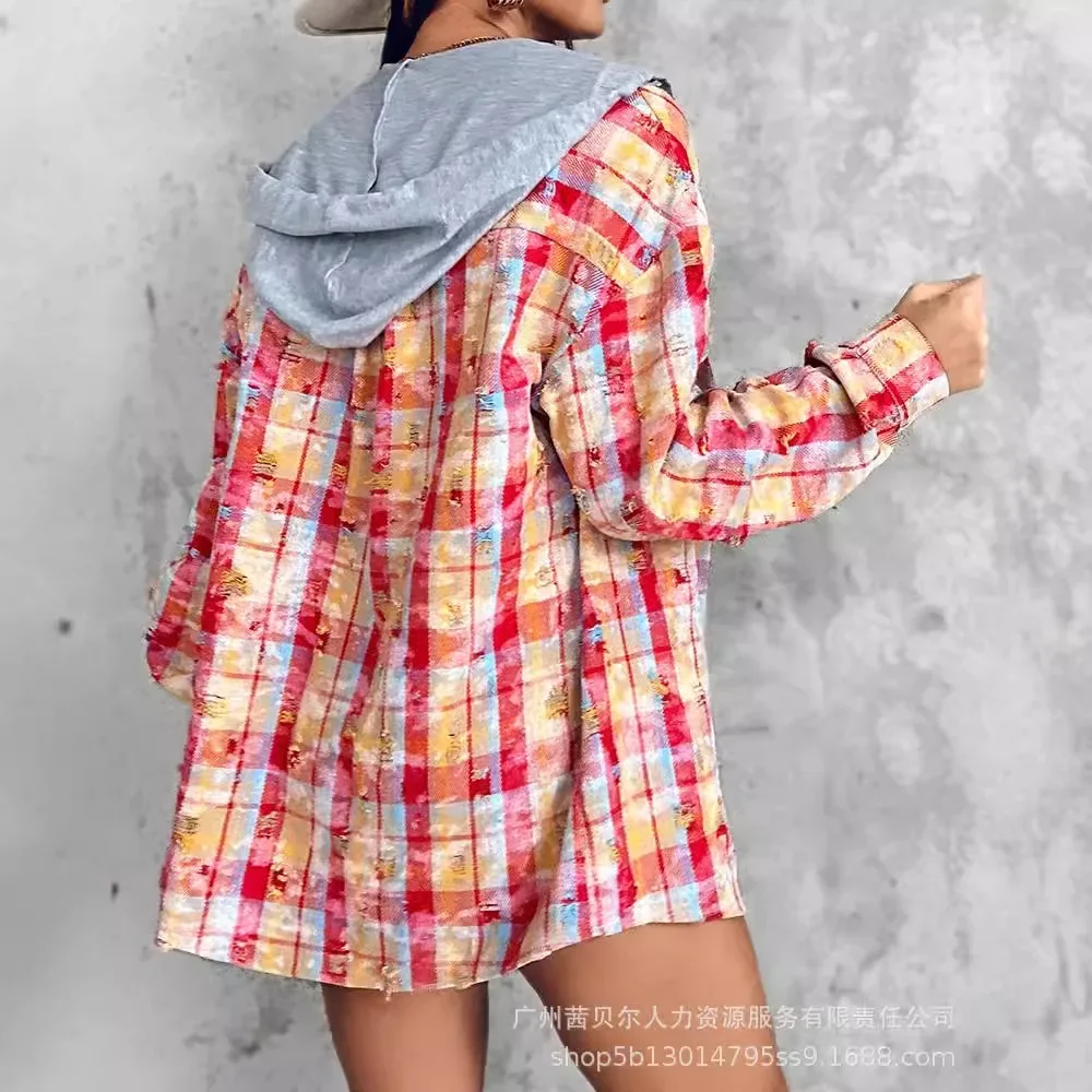 Women Long Sleeve Shirt Jacket Shacket Colorblock Plaid Print Hooded Distressed Button Front Coat Shacket