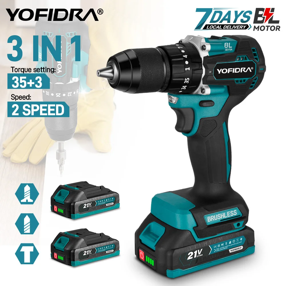 YOFIDRA 13MM 35+3 Drehmoment Bürstenloser Elektrischer Schlagbohrer 3 IN 1 Kabelloser Elektrischer Schraubendreher DIY-Elektrowerkzeug für Makita 21V Akku