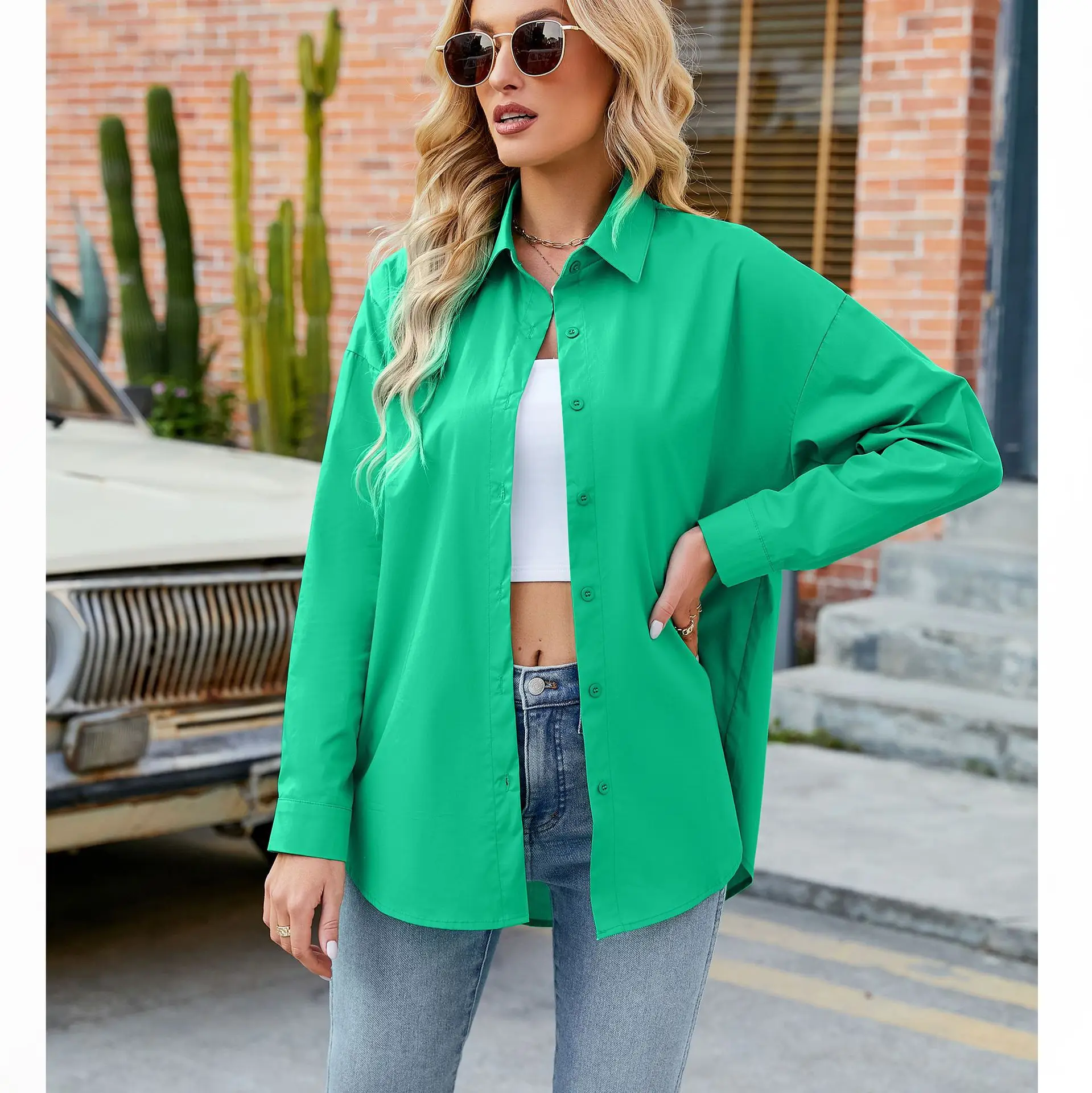 Women's Cotton Shirt Blouse Women 2023 Elegant Spring Candy Colors Basic Top Turn-down Collar Long Sleeve Solid Button Blouses