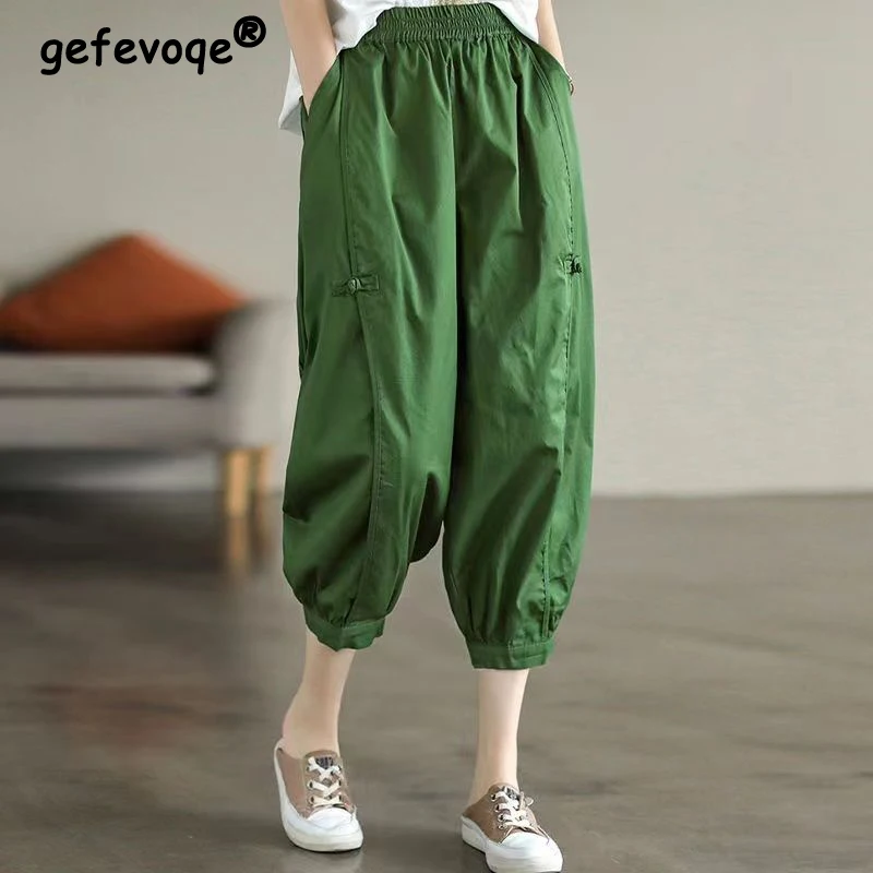 

Women's Clothing Summer Vintage Fashion Cotton Thin Capris Casual High Waist Loose Harem Pants Solid Cropped Trousers Pantalones