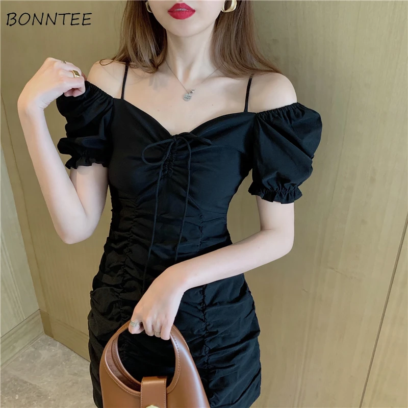 

Short Puff Sleeve Dresses Women Summer Vestido Feminino Slash Neck Ulzzang Y2k Sexy Elegant Kawaii Mature Folds Slender Sheer