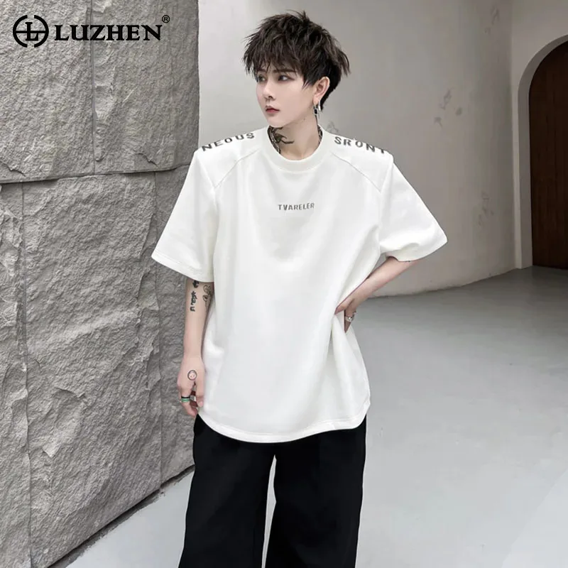 

LUZHEN Stylish Letter Print Decorate Shoulder Pad Short Sleeved T Shirt Summer New Fashion Street Cotton Men Casual Tops LZ4820