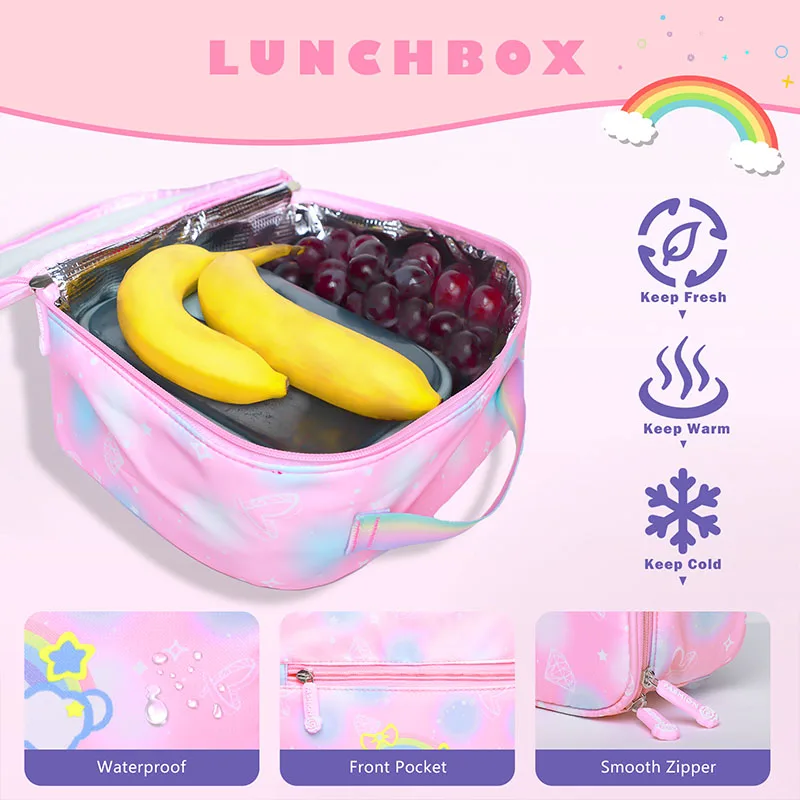 Mochila escolar con purpurina para niñas y niños, morral escolar de 3 piezas con estuche para el almuerzo y dibujos animados Kawaii