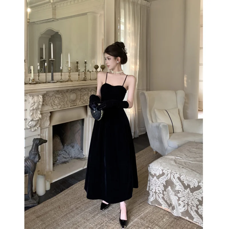 

Elegant Party Dresses 2024 Solid Summer sleeveless Chic Fairy Skirt Shoulder Strap Heavy Work Delicate Princess Black Ball Dress