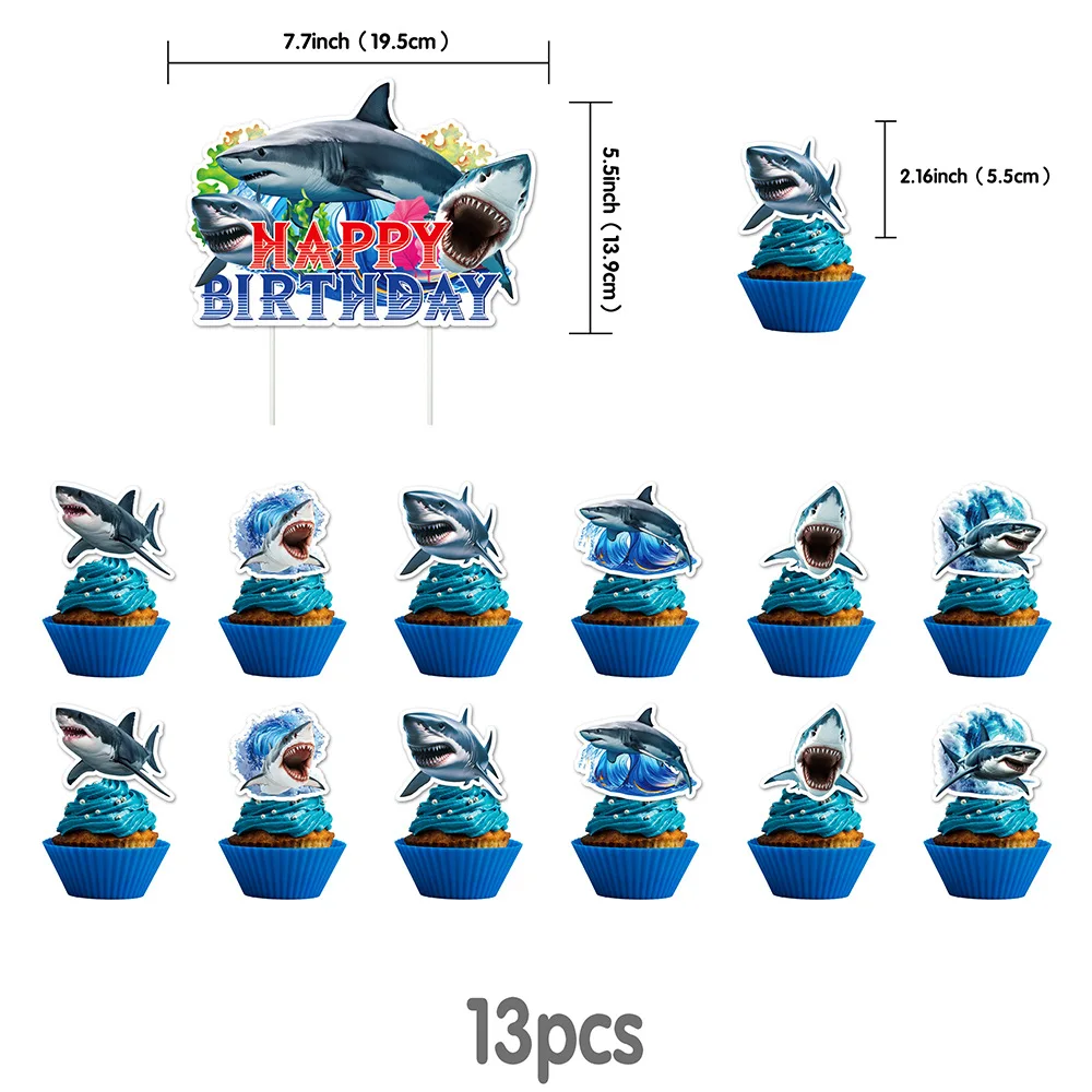 Set di compleanno di palloncini per topper per torta con decorazioni per feste a tema squalo