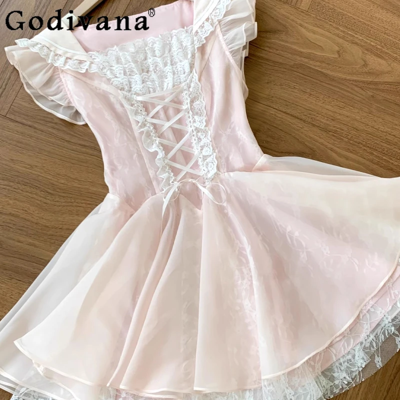 Vestido de princesa estilo balé japonês, vestido feminino de verão com laço e manga esvoaçante, rosa, cintura alta, lolita, doce