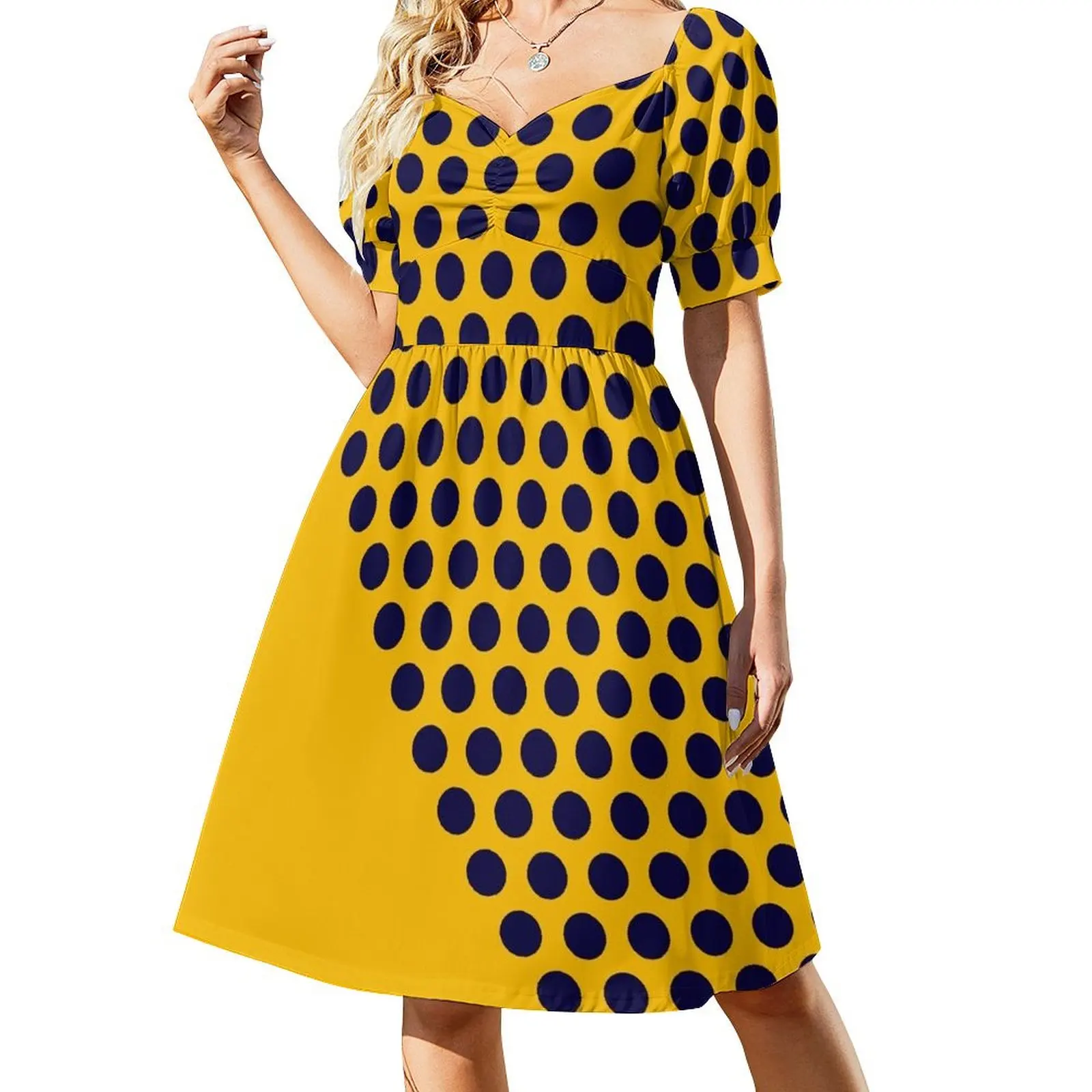

Dot Cascade Minimalist Mod Pattern in Bright Mustard Yellow and Navy Blue Short-Sleeved Dress prom clothes