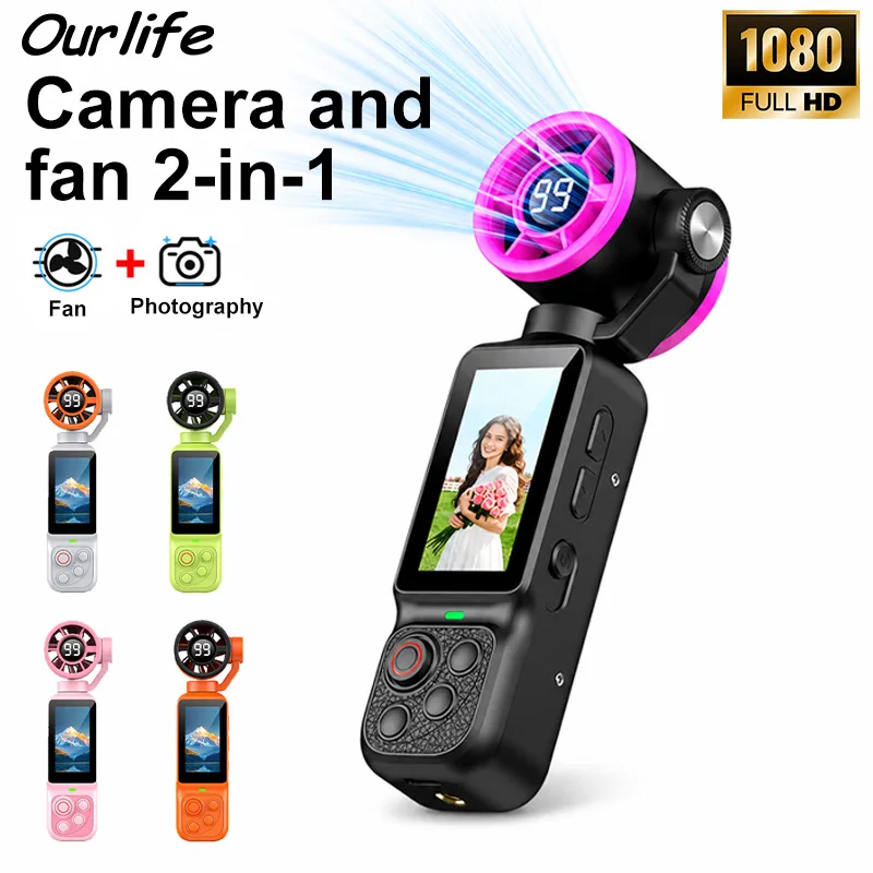 Caméra portable Ourlife 180 °   Ventilateur rotatif pour photographie, appareil photo 2 en 1, écran de 1,97 pouce, appareil photo numérique de poche pour extérieur