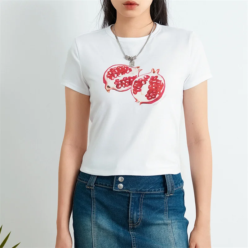 Womens Y2k Fruit Print Crop Tops Fairy Grunge Short Sleeve Crew Neck Slim Fit Baby Tee Teen Girls Cute Aesthetic Streetwear