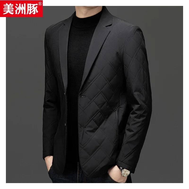 

2025 men's new winter model, pressed line plaid business casual warm down blazer