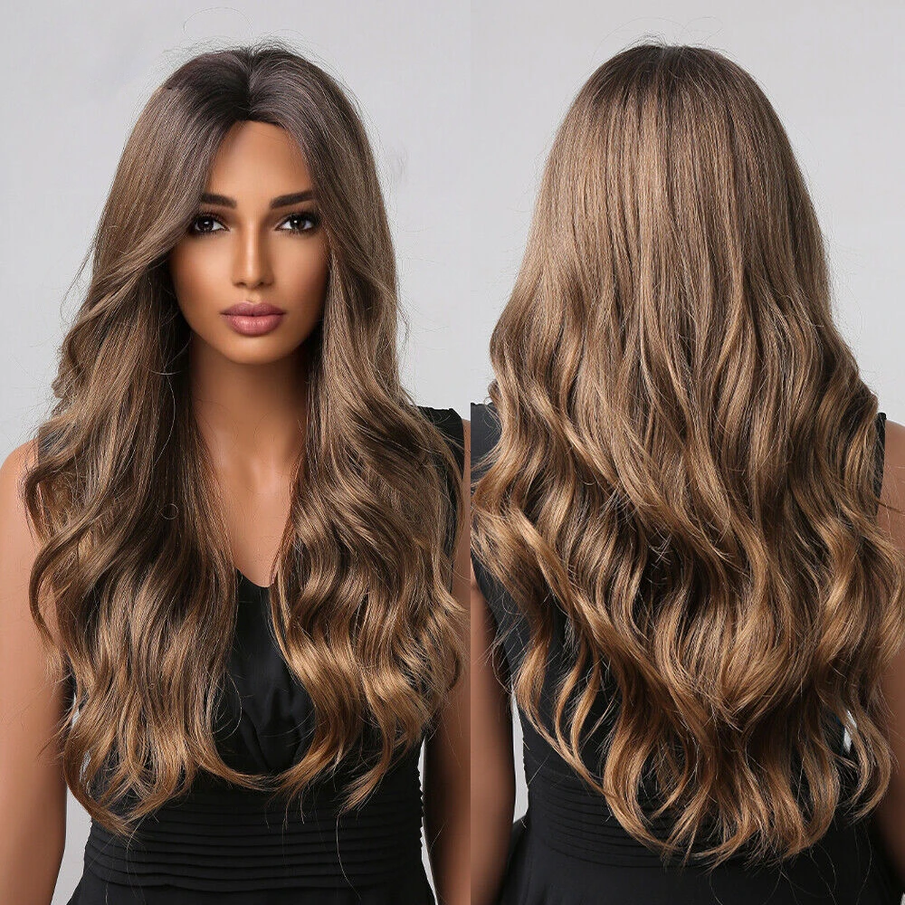 Coffee Brown Hair Wigs Long Wavy  Ombre Daily Cos Wig for Black Women Synthetic